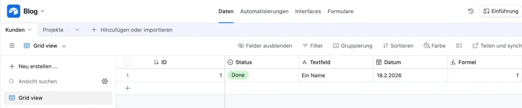 Prozessoptimierung: Airtable Tabellensicht mit strukturierten Datensätzen und Spaltenübersicht